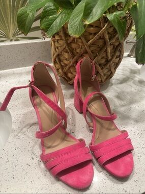 Cole Haan Pink Suede Strappy Block Heel Sandals